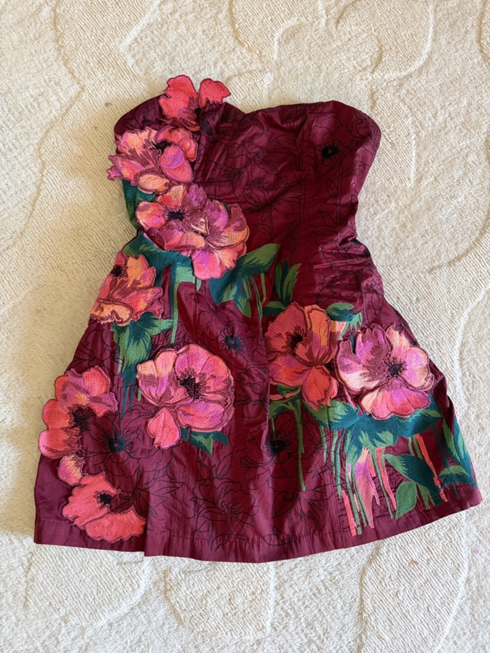 Anthropologie Burgundy Floral Strapless Party Dress